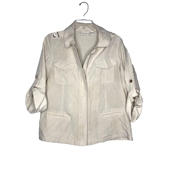 Chico's Jacket Women Size 0 Safari Style Linen Cream Roll Tab Sleeve Zip Front - Picture 1 of 11